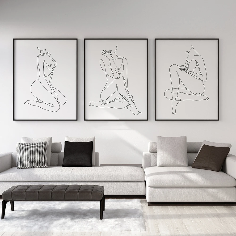 Dibujo de línea de mujer, figura desnuda, cuerpo de mujer, cuadro sobre lienzo para pared minimalista, carteles para sala de estar, decoración moderna del hogar