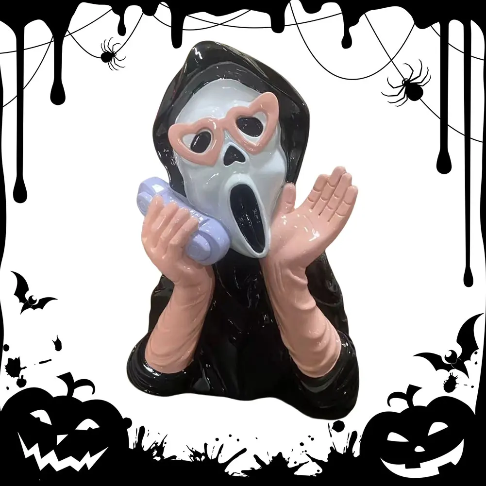 クリエイティブなハロウィン樹脂製オーナメント、叫ぶ女の子の電話の幽霊像デコレーション、ハロウィンパーティーやゲームルームの装飾小物