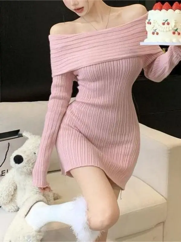 New One Shoulder Knitted Sweet Long Sleeve Slim Wrapped Hip Pink Dress Elegant Mature Sheer Charm Gentle Backless Fashion 1F0K