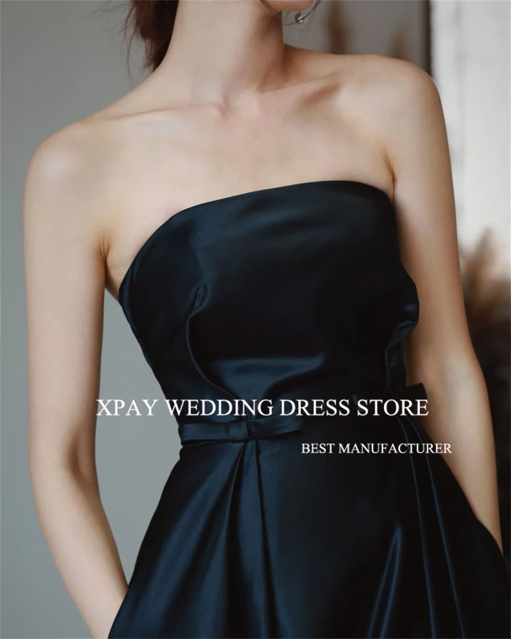 XPAY Black Simple Evening Party Dresses Elegant A-line Strapless Prom Gown Draped Sleeveless Photo Shooting Dress Custom Made