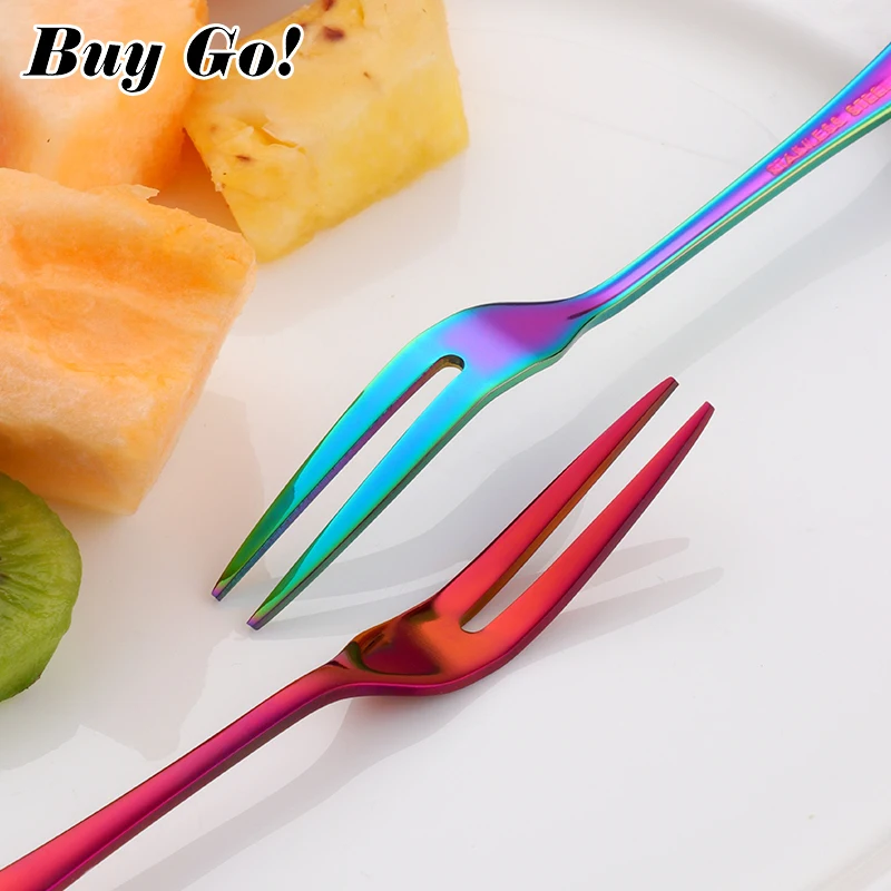 10PCS Iridescent Fruit Fork Stainless Steel Gold Cake Dessert Forks Lovely Colorful Mini Fork Luxury Salad Cutlery Set Xmas