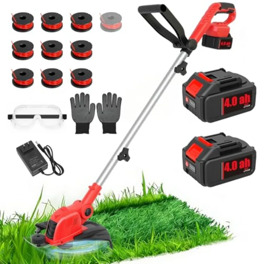21V Electric Weed Wacker Lawn Edger, Cordless Weed Eater with 2x4.0Ah Battery Powe, 12 Auto Line Feed String Trimmer with 10 Pc