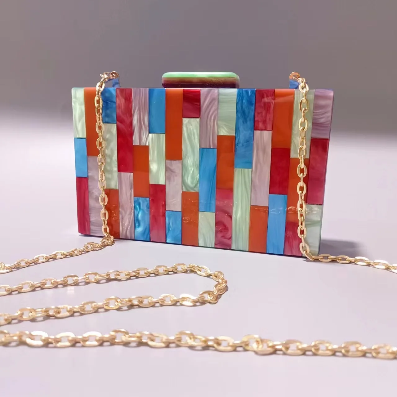 

New Women's Acrylic Colorful Long Strip Spliced Evening Bag Shoulder Crossbody Wedding Party Clutch Chain Bag Fashion Handbag