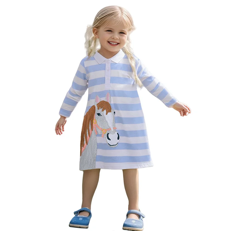 

Jumping Meters 2-7T Autumn Winter Princess Girls Dresses Striped Horse Long Sleeve Baby Party Clothing Cotton Fashion Dress