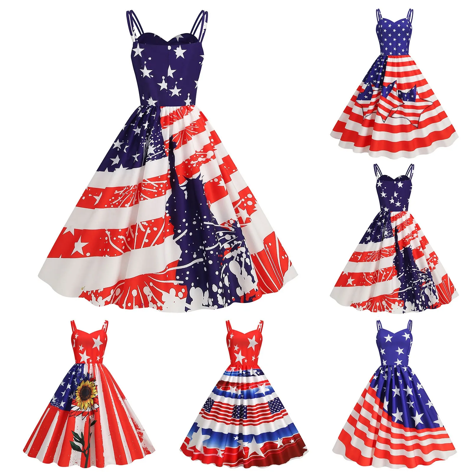 Independence Day Female Summer Sexy Suspender American Flag Print Vintage Large Swing Dress Size Slim Formal Dresses for Women