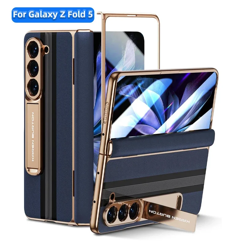 

For Samsung Z Fold 5 Genuine Leather Case Luxury Plating Stand Men's Protective Case with Screen Protector For Galaxy FOLD5 Blac