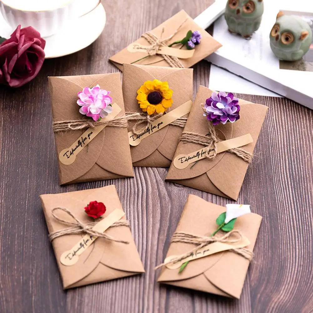 5Pcs Beautiful Letter Weeding Message With Cover Business Party Letter Storage Paper Envelope With Artificial Flowers