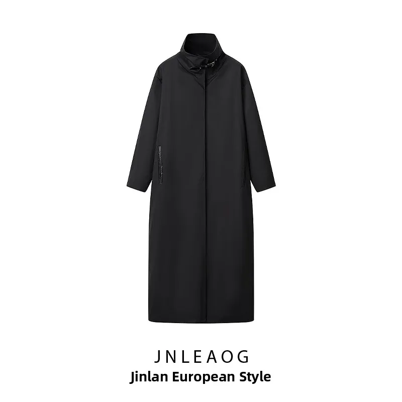 JNLEAOG Fashionable Black Long Coat Women's Premium Design Autumn New Style Versatile Commute Straight Cut Polyester Fiber