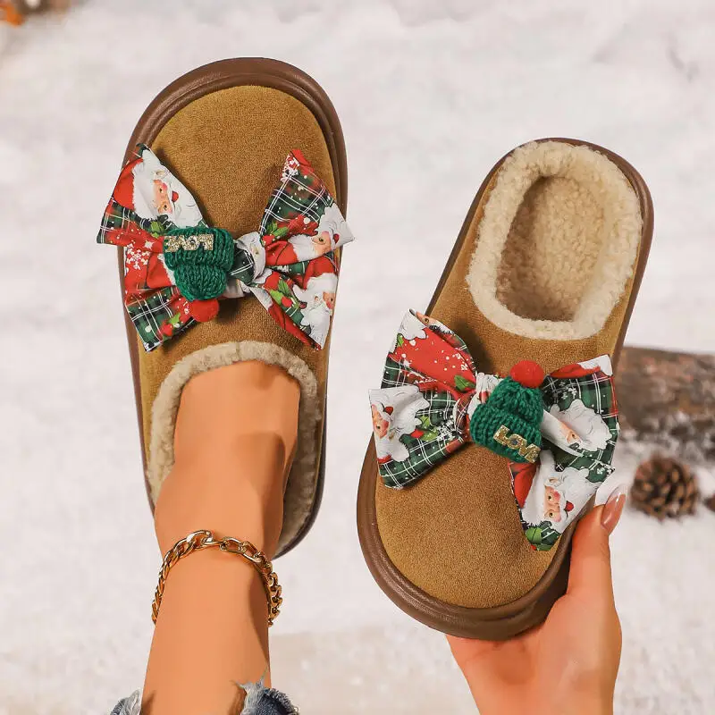 Christmas Print Bowknot Warm Plush Indoor Slippers Women 2025 Winter Comfort Thick Bottom Home Slippers Women Suede Mules Slides - Image 2