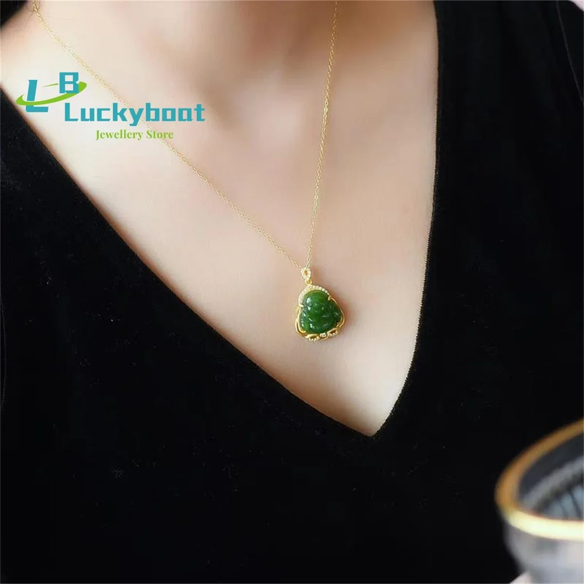 مختارة عالية الجودة الطبيعية Hetian اليشم الأخضر اليشم الصغيرة مايتريا يبتسم بوذا قلادة S925 الاسترليني قلادة فضية ل