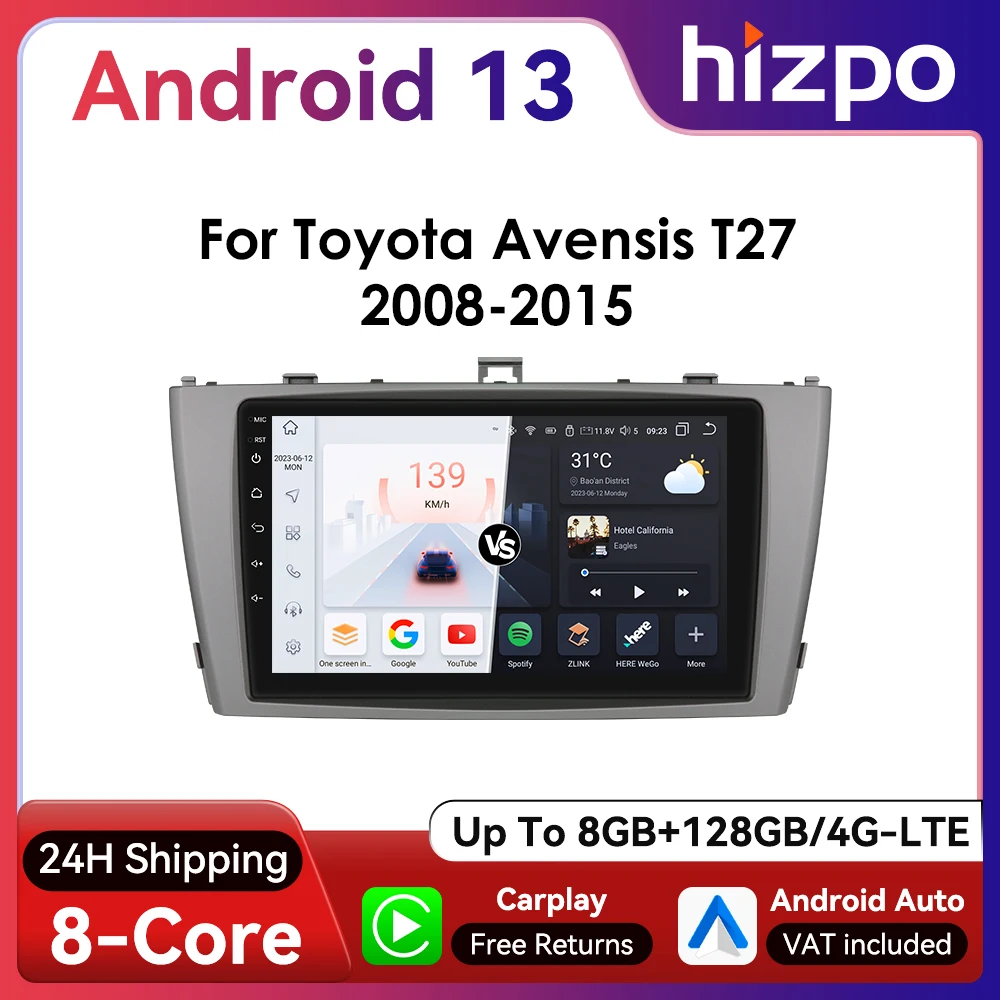 Hizpo 2Din 9inch CarPlay Android Auto Car Radio for Toyota Avensis T27 2008 - 2015 4G BT SWC GPS RDS DSP 360°CAM UI7862 Headunit