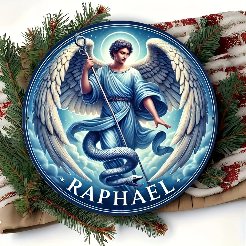 1pc Inch Metal Aluminium Sign 1pc Vintage Archangel Raphael Wall Plaque - Circular Decorative Sign with Serpent and Starry Backg
