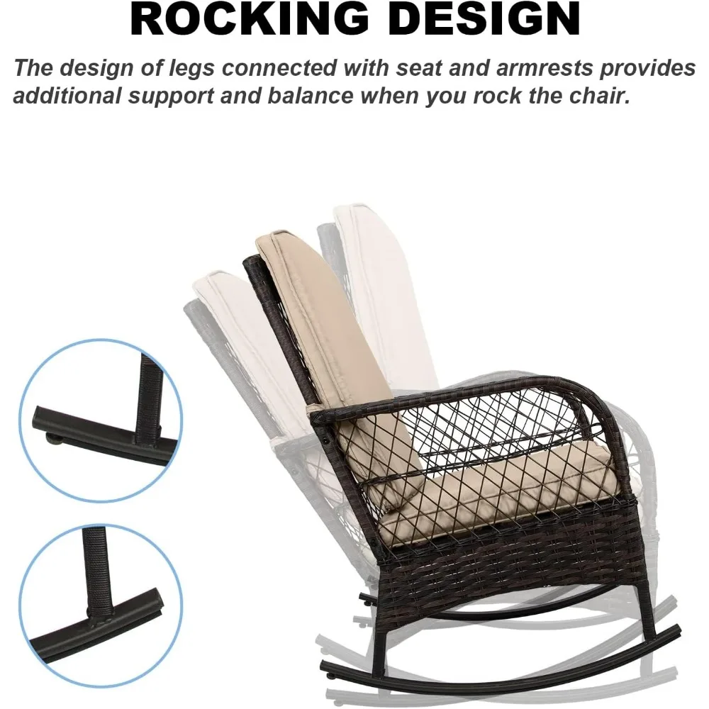 3 Pcs Rocking Bistro Set Conversation Chairs PE Wicker Outdoor Rocking Chairs, Rocking Chair Set