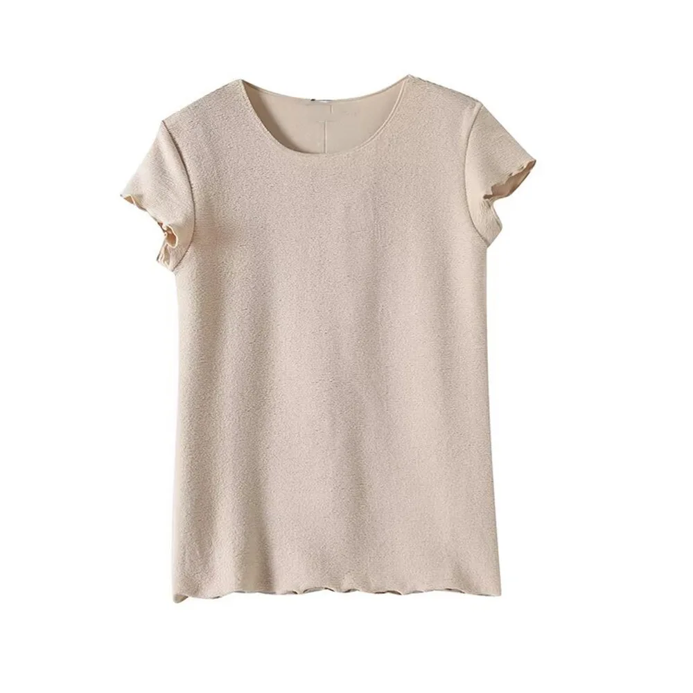

Women's Wavy Edge Knitted T-shirt Round Neck Short Sleeve Loose Hem Top Spring Summer New Casual Solid Color Chic T-shirt