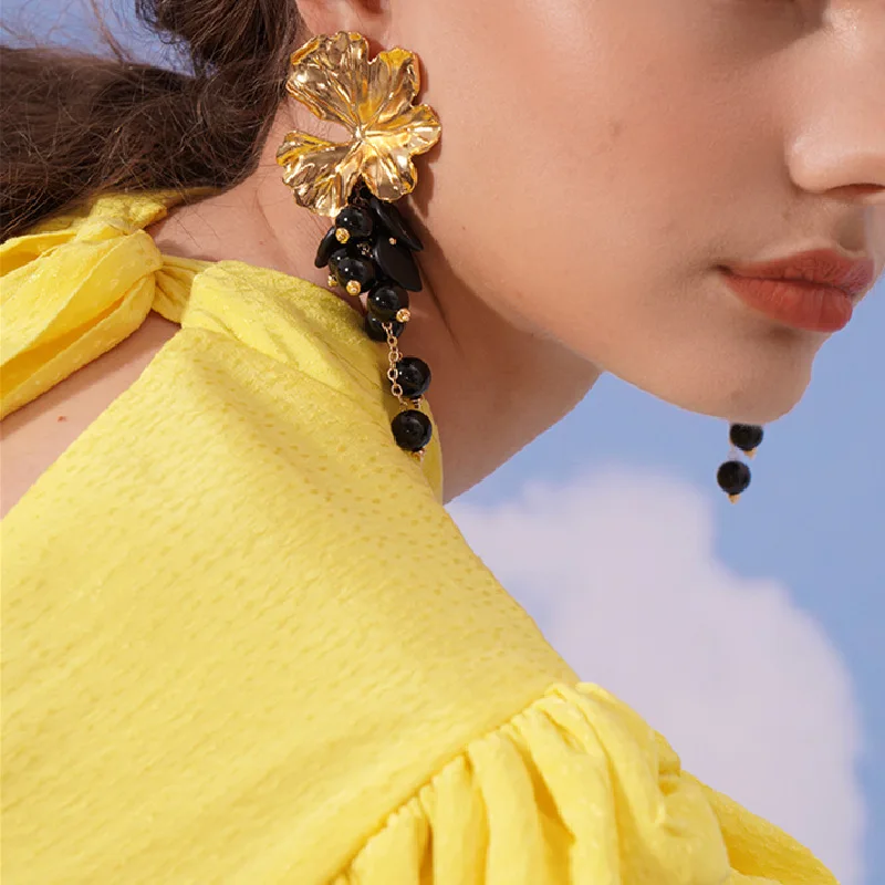 Statement Metallic Flower Beads Tassel Drop Dangle Earrings Etrendy New Fashion Large Long Pendientes Mujer