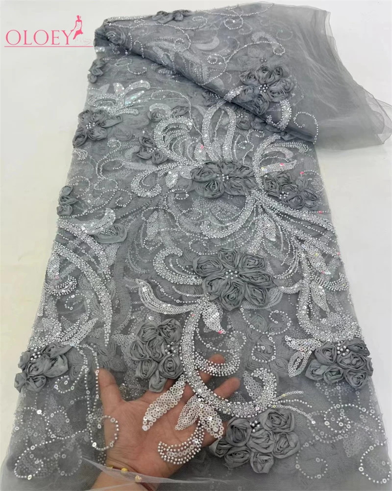 Luxury French 3D Flowers Embroidery Lace Fabric with Sequins for Wedding New High-End African Nigerian Style