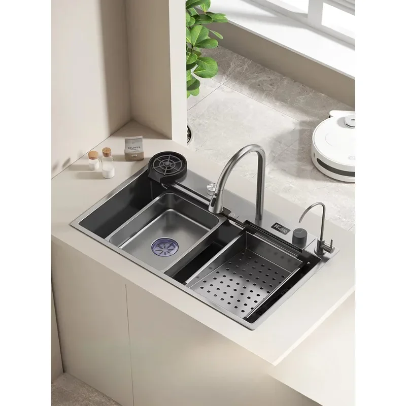 kitchen thickened stainless steel sink large single slot digital display Feiyu Waterfall household use