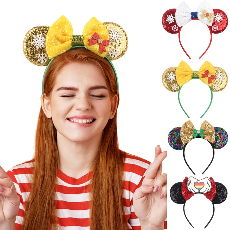 

2024 Disney Christmas Snowflake Mickey Ears Headband For Girls Sequin Bow Hairband Festival Party Cosplay DIY Hair Accessories