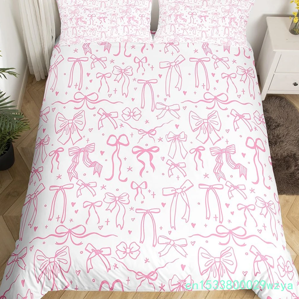 Princess Bowknot Duvet Cover Red Strawberry Polka Dots Bedding Set Hand Drawn Cartoon Comforter Cover Dreamy Fairy Quilt Cover
