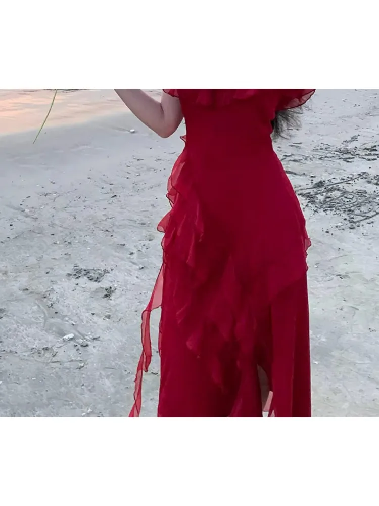 Vestido largo rojo fluido para mujer, vestido liso con tirantes finos y hombros descubiertos, vestido dividido con volantes irregulares, ropa para fiesta, cóctel y graduación