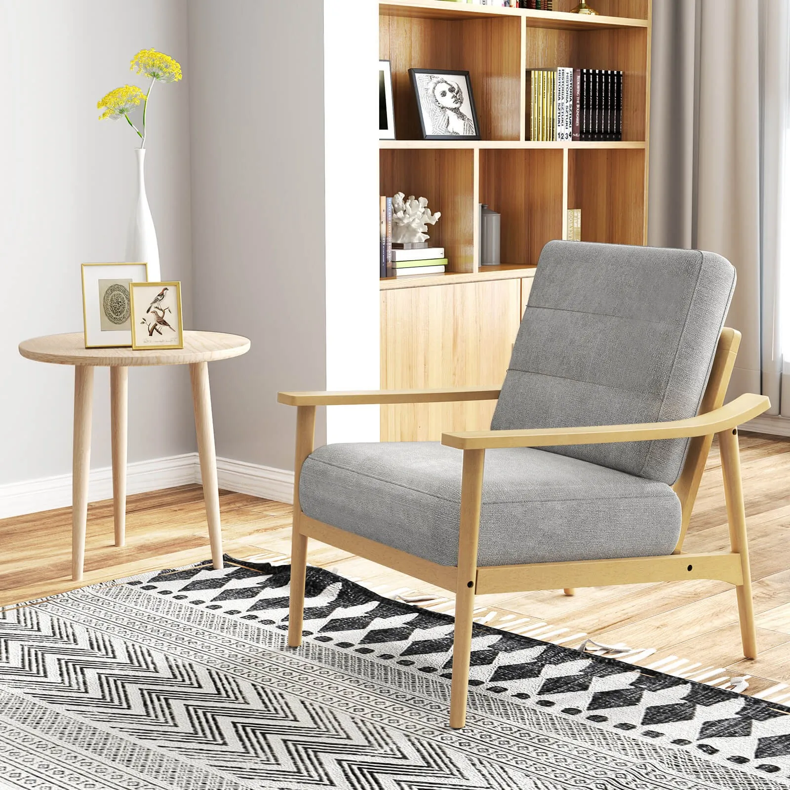 Modern Accent Chair Upholstered Leisure Armchair w/ Rubber Wood Armrests & Legs