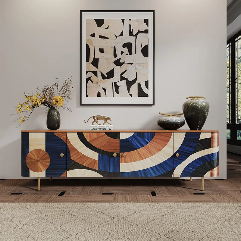 

Italian light luxury TV cabinet high-end art parquet villa living room wall decorative cabinet solid wood storage side cabinet