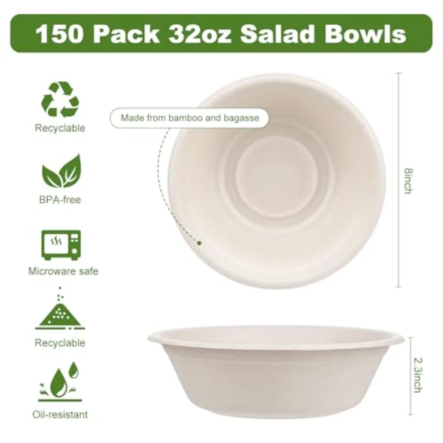 150 Pack 32oz Large Disposable Paper Bowls for Hot Soup Eco-Friendly, Compostable Bagasse Disposable Heavy Duty Biodegradable B