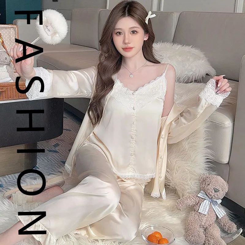 

Ice silk pajamas three-piece set women's spring and autumn suspender robe trousers three-piece set summer sweet loungewear with