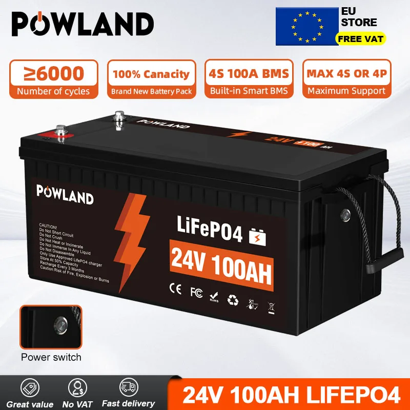 POWLAND 24V 100AH LiFePO4 Lithium Battery High power Grade A+ 6000 Cycle Times with BMS for RV Golf Cart Solar VAT Free