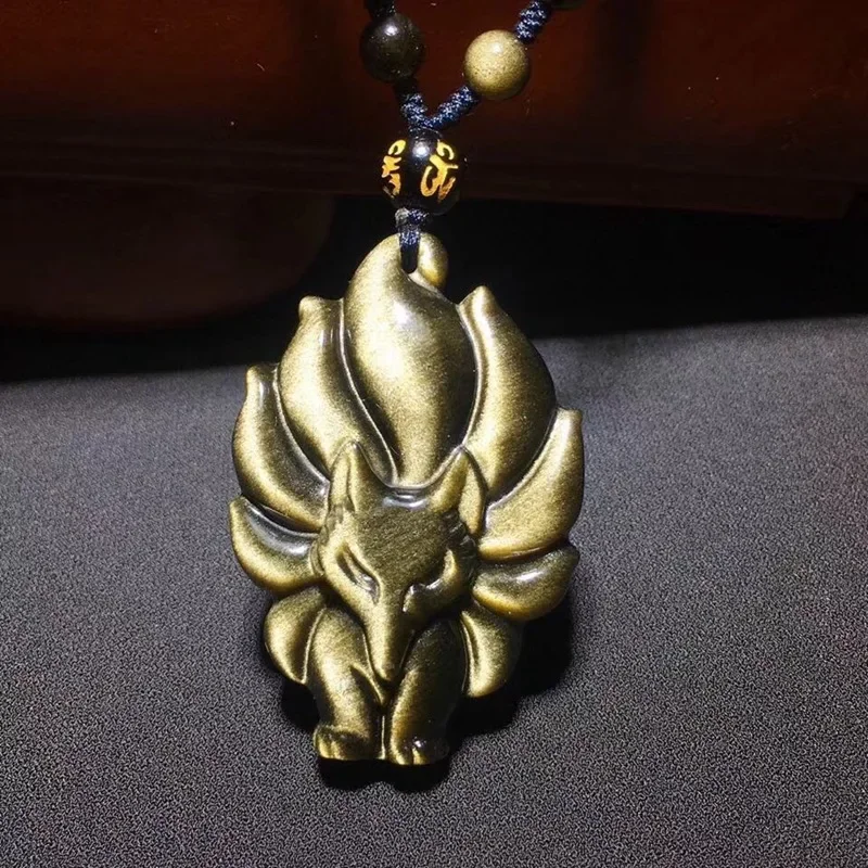 Natural Chinese Jade Hand Carved Gold Obsidian Nine-tailed Fox Pendant Fashion Boutique Jewelry Men's and Women's Fox Necklace