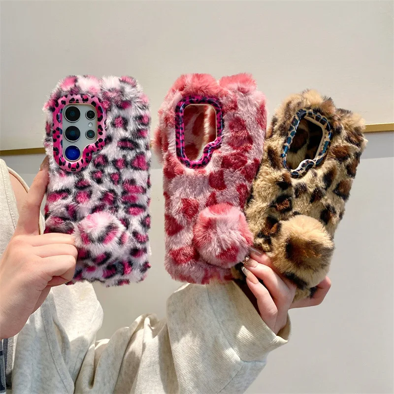 Luxury 3D Leopard Print Rabbit Plush Phone Case For Samsung Galaxy S26 S25 24 23 Ultra Plus A57 With Lanyard Shockproof Cover view 2