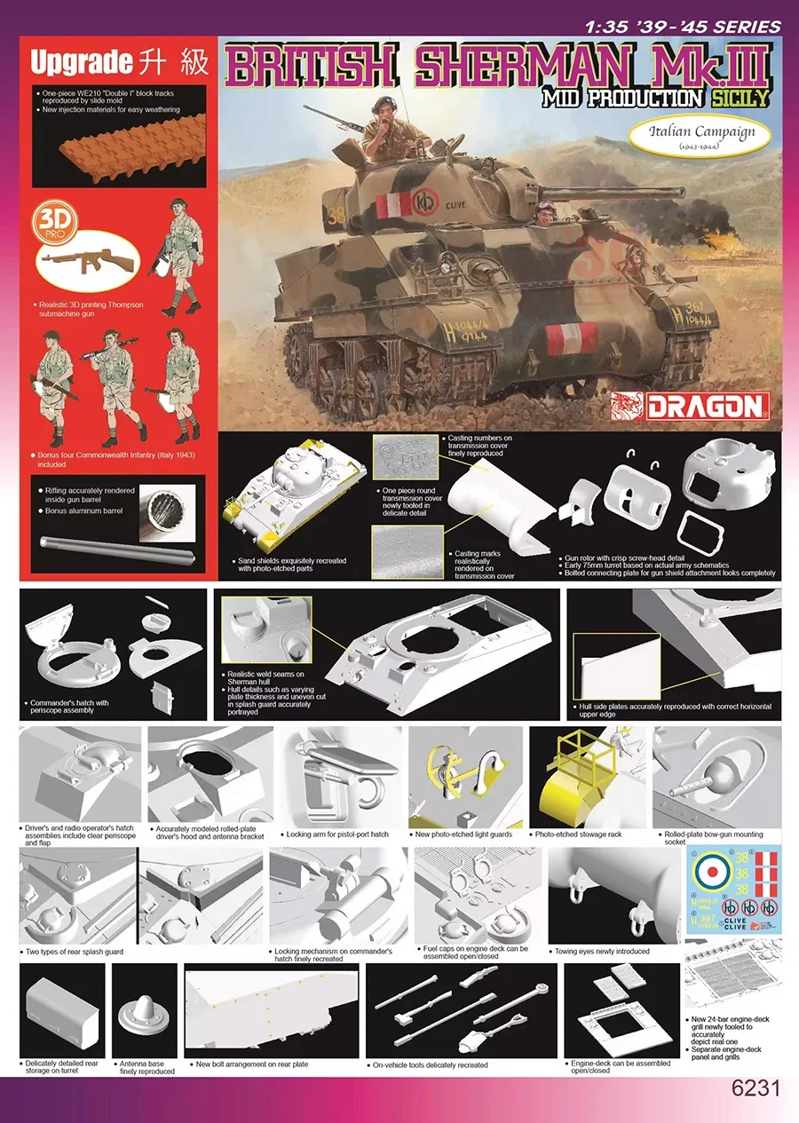 DRAGON Assembled Model Kit 6231 Sherman Mk. III Fighting Vehicle Medium and Commonwealth Infantry Sicily 1/35