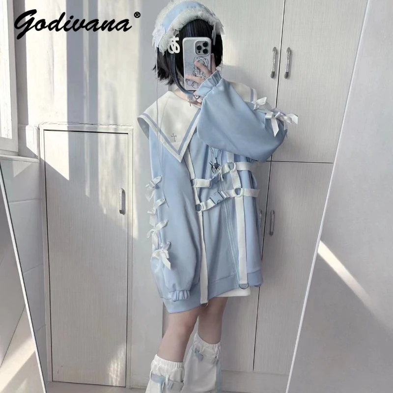 

Long Sleeve Loose Zipper Hoodies Sweatshirt Water Color Cross Sailor Collar Bow Bandage Sportswear Jacket and Shorts Set