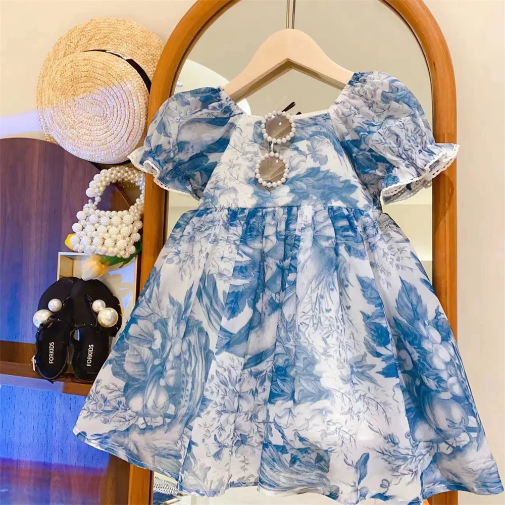 Bear Leader 2023 Summer New Girls' Fashion Ink Painting Print Speaker Short Sleeve Princess Dress Children's Casual Dress