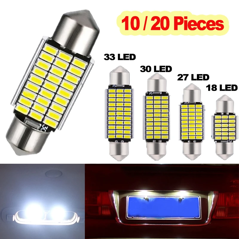 

10/20x White Car Interior Lights Reading Dome Lamp 18/27/30/33 LED Bulb Super Bright 31mm 36mm 39mm 42mm Universal License Light