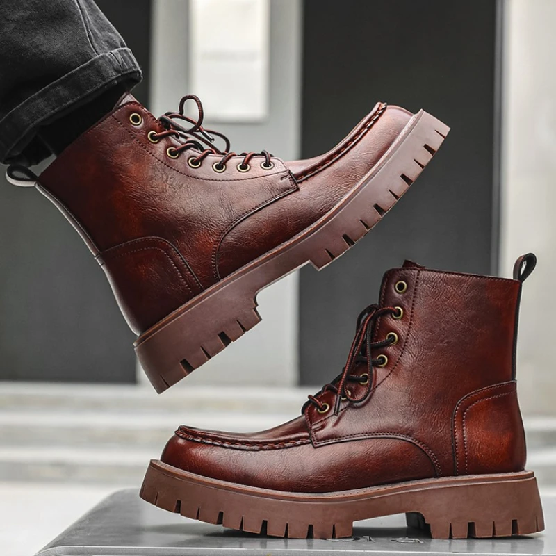 Height-increasing Men's Boots Retro Lace-up Design Male High Top Tooling Rubber Soled Boots Fashion Trend Man Ankle Work Boots
