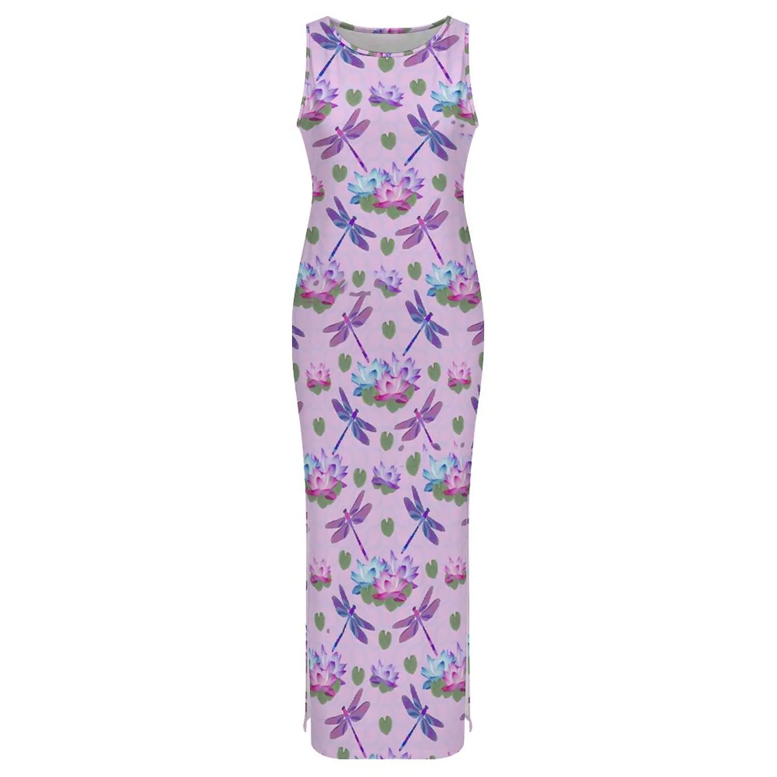 Libélula impressão vestido sem mangas flor de lótus retro maxi vestidos primavera streetwear impresso bodycon vestido tamanho grande 3xl 4xl