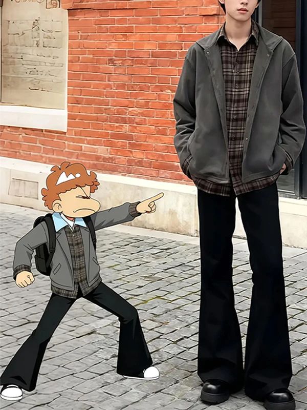 

Bla Fce Lined Bell Bot Trousers Clean Fit Knife Suit Pants for Men Winter Straight Leg Slimming Long Jeans