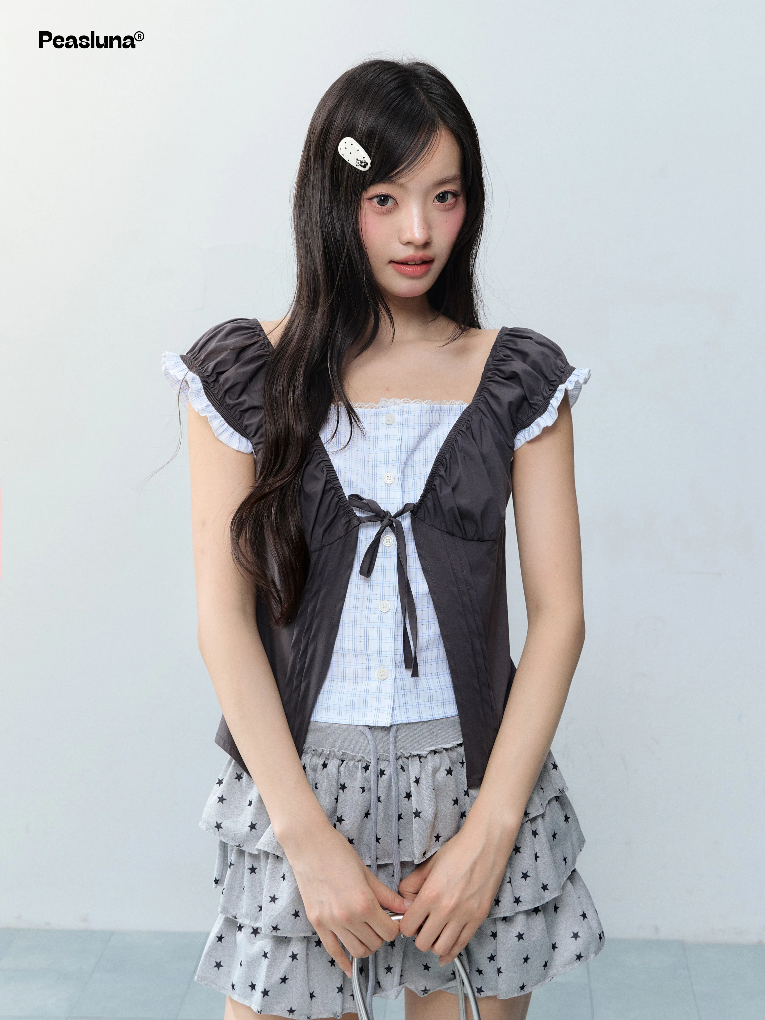 Peasluna Korean Style Light Asian Fusion Color Block Lace Trim Design Short Sleeve T-Shirt Women Summer Top Girls Fashion