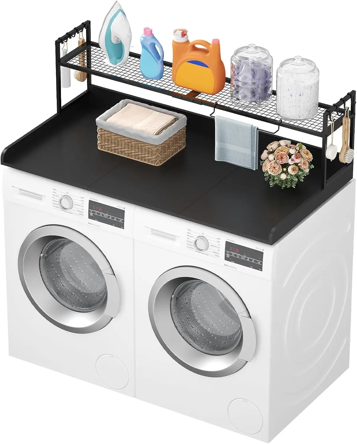 Lifewit Washer Dryer Countertop With Adjustable Shelf, Melamine Cover For The Top With Edge Rails, Towel Rack, 8 Hooks, Laundry