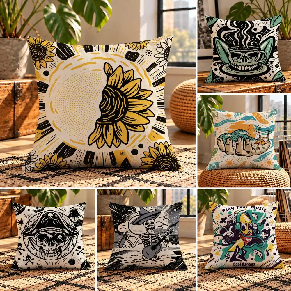 art Skull Retro Badge Cushion Cover Short Plush Throw Pillow Cover Soft Cozy Cushion Case for Sofa Bedroom Home Decor Gift