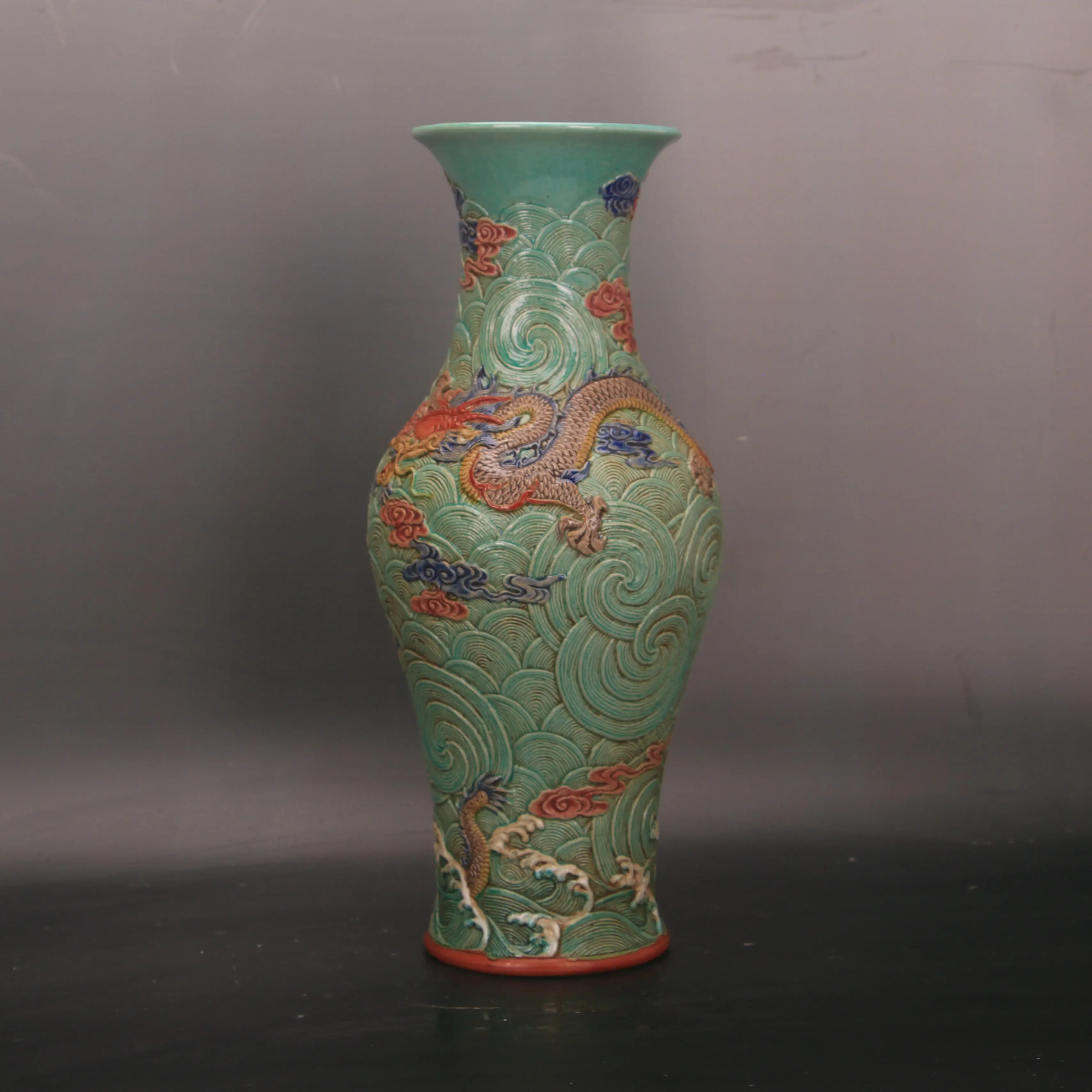 Qing Style Peacock Green Glaze Carved Dragon Fish Tail Vase Chinese Porcelain Home Decor Centerpiece