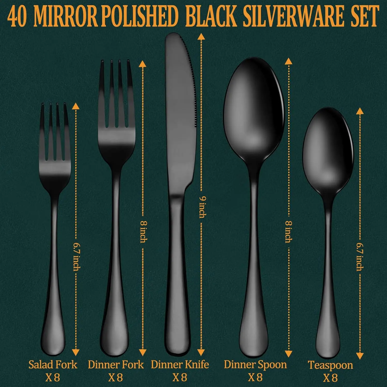 40 Pcs Black Silverware Set, Stainless Steel Flatware Set for 8 Food-Grade Cutlery Set Mirror Polished Tableware Eating Utensils