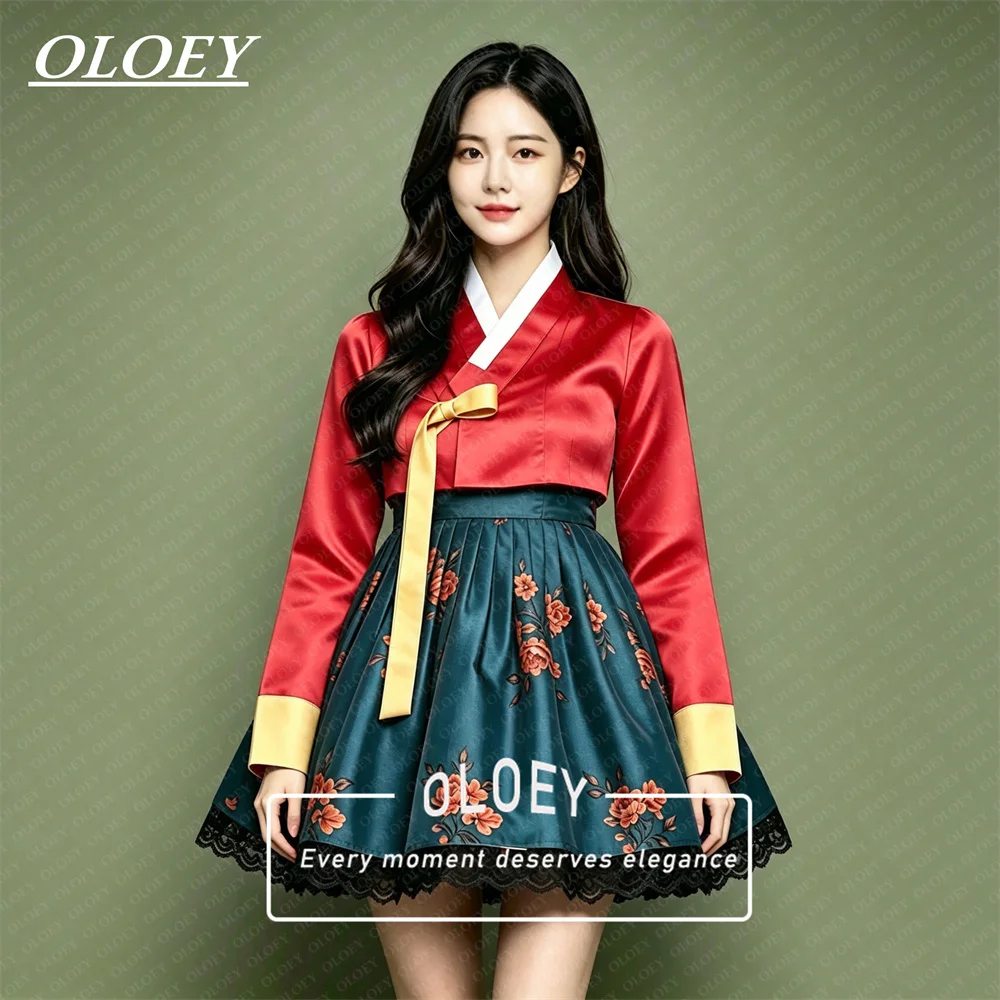 OLOEY Modern Floral Print Short Concert Hanbok Contrast Color 2 PCS Satin Mini Korean Photo Shoot Performance Dress Customized