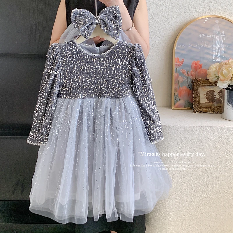 

Baby Girl Dress Kids Glitter Dresses Princess Long Sleeve Chiffon Skirt Girl Dress Toddler Spring&Autumn Vintage Skirt Size 2-11