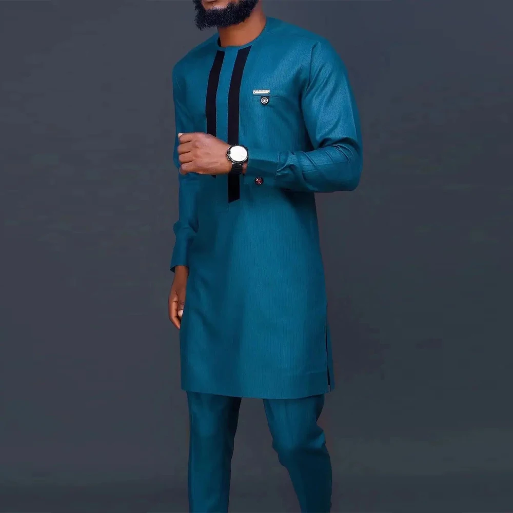 カフタン メンズスーツ 長袖ステッチシャツとソーシャルパンツの2点セット 結婚式 パーティー デザイナーメンズ服 伝統的なスタイル