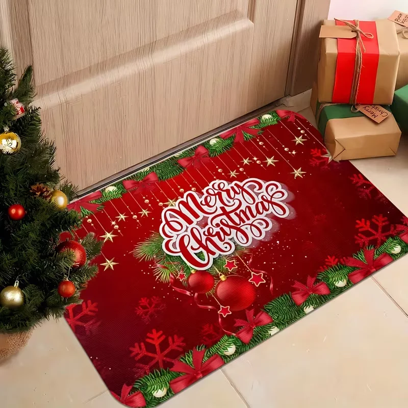 Cute Festive Christmas Doormat Man Candy Cane Ball Snowflake Pattern Non Slip Front Door Entrance Rug Holiday Home Floor Decor