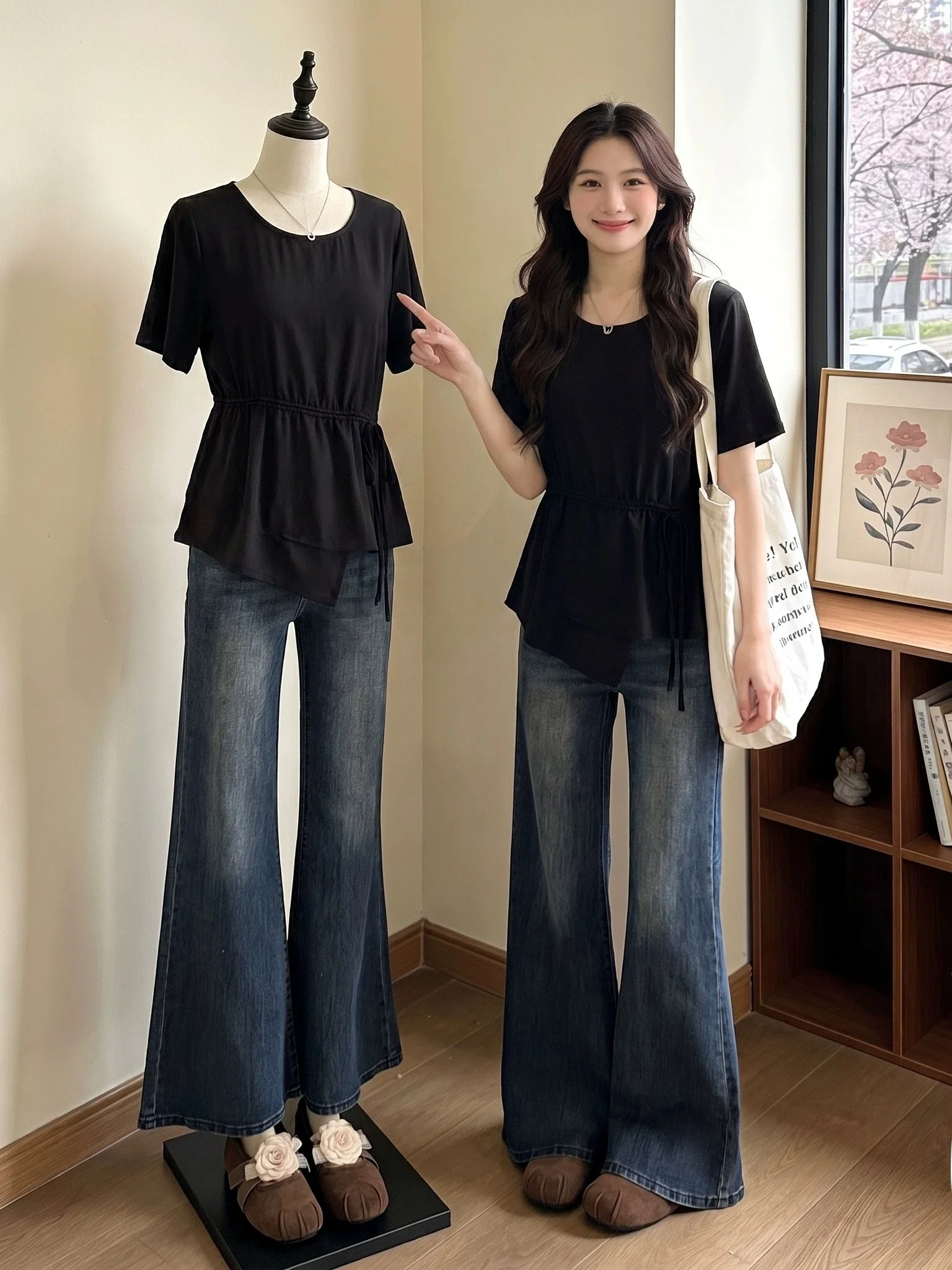 Slimming Black Short Sleeve Shirt Women's Drawstring Waist Uneven Hem Korean Style plus Size Commute Wind Casual Shirt