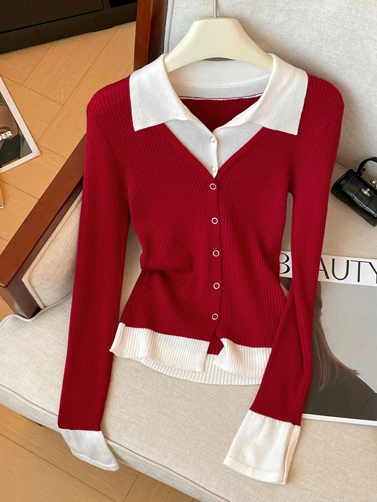 Autumn Winter Woman Contrast Color Cardigan Vintage Fake Two Pieces Sweater Old Money Long Sleeve Knitwears Elegant Mori Girl