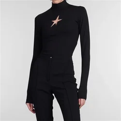 Women's t-shirt New sexy hollow out long sleeved top for autumn 2024 Elastic slim high collar Women's long sleeve top Pullover